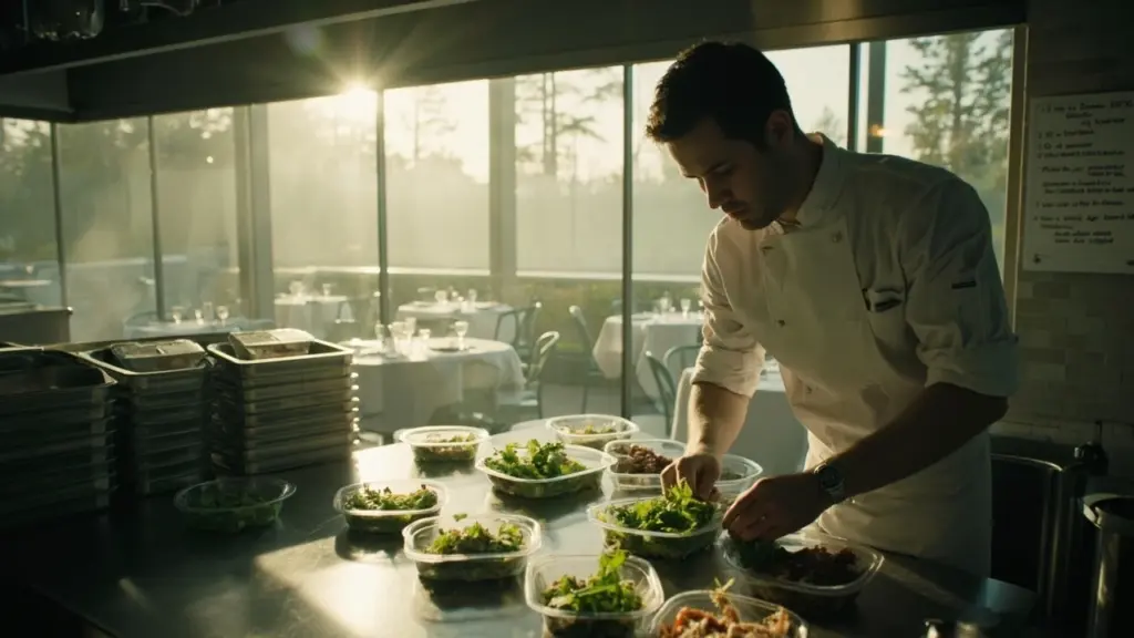 Chef portioning prep into smaller containers during a slow service week to reduce restaurant food waste