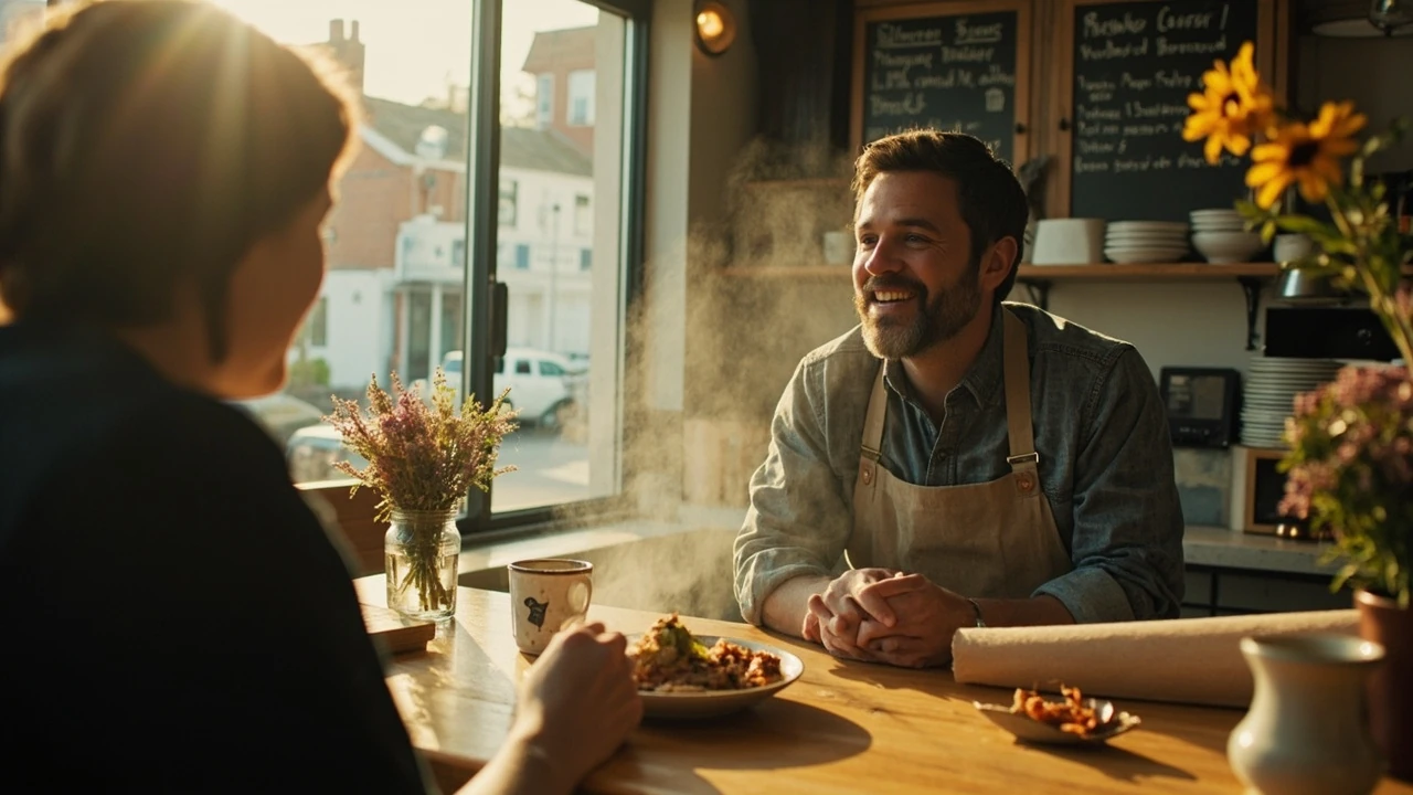 A server greeting a regular guest at a neighborhood restaurant counter, illustrating restaurant loyalty ideas without points or apps