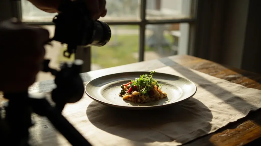 Photographer capturing a plated dish in soft window light for menu photography