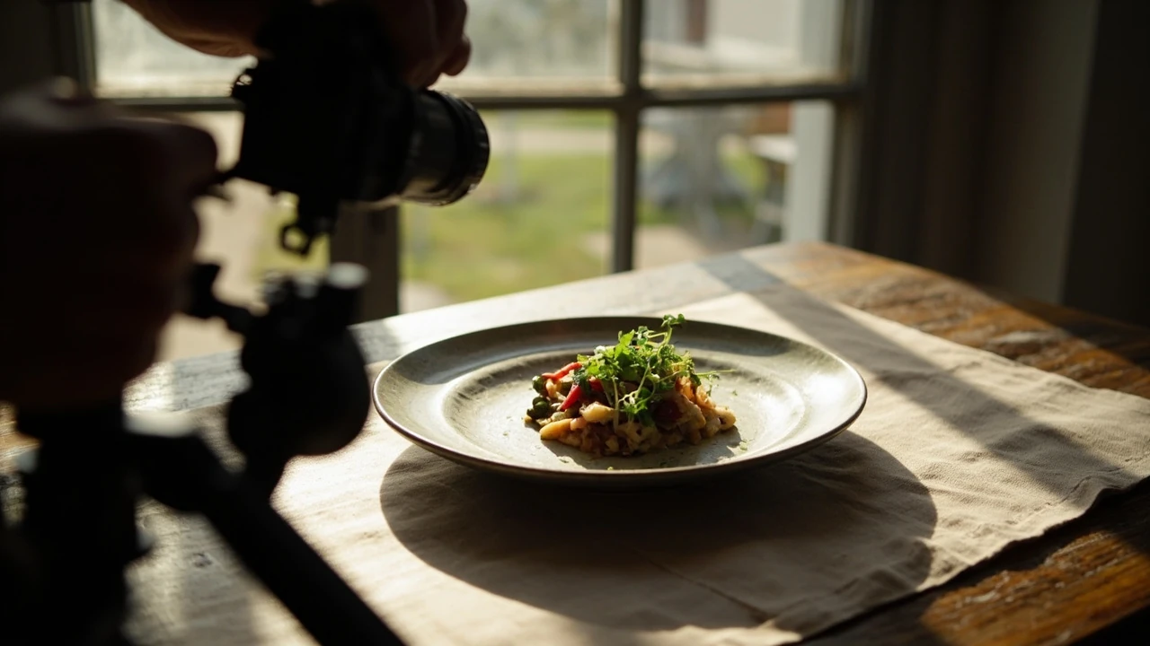 Photographer capturing a plated dish in soft window light for menu photography
