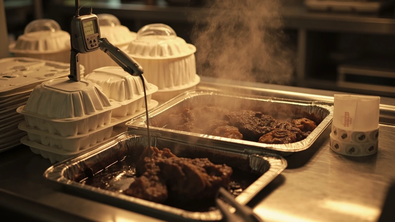 Stacked takeout containers on a stainless pass, illustrating a restaurant takeout packaging checklist for hot food
