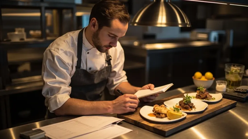 Chef pricing add ons and side dishes next to a plated main course in a restaurant kitchen