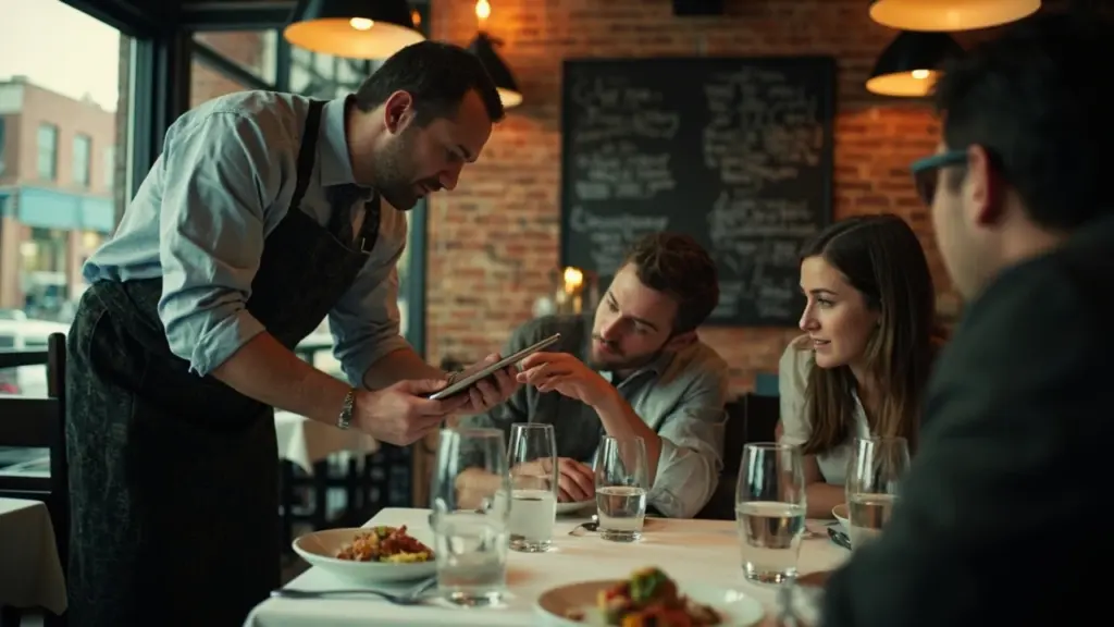 A manager asking restaurant soft opening feedback questions to guests at a table