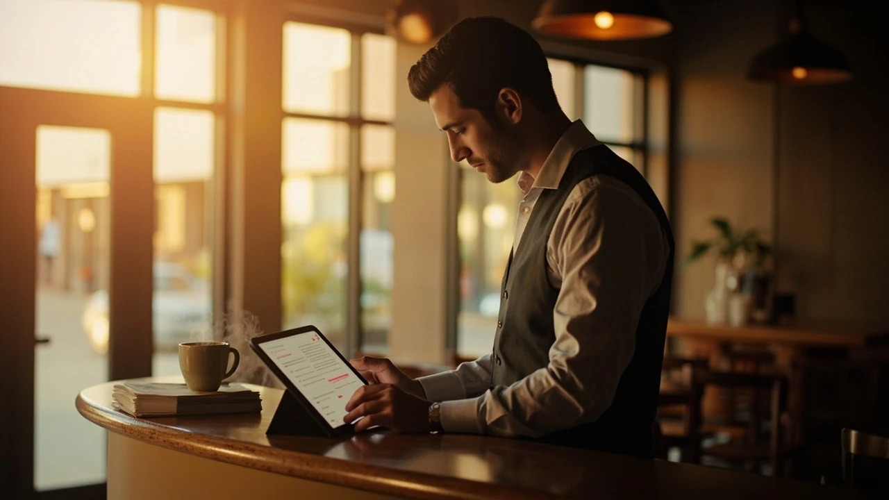 Manager reviewing organized restaurant customer feedback on a tablet