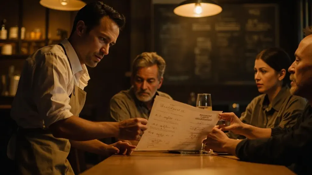 A server explaining a new menu to regular customers in a casual restaurant
