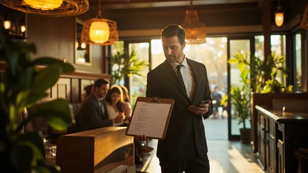 Host's phone showing a restaurant waitlist text message to waiting guests