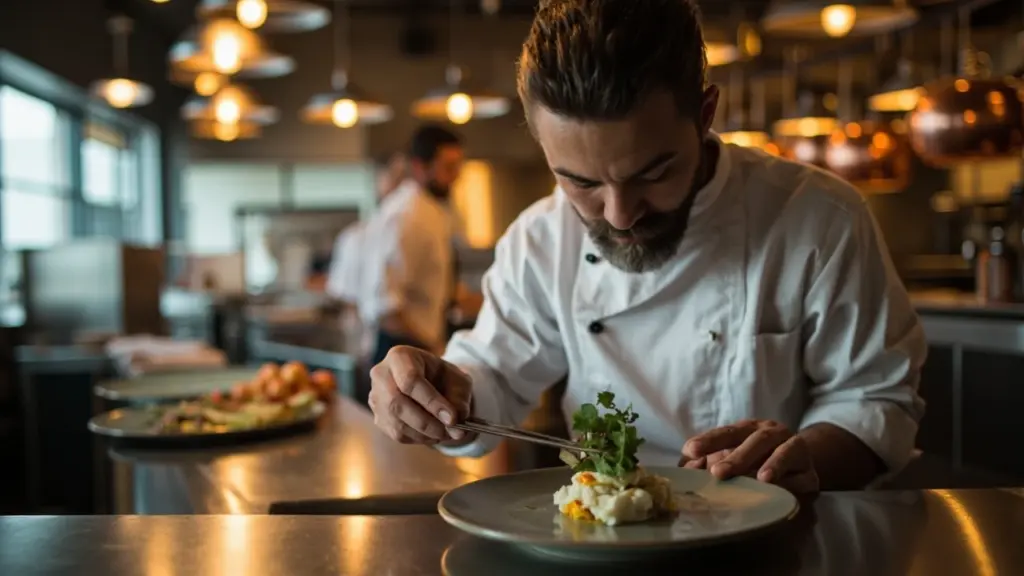 Chef plating a candidate signature dish in a restaurant kitchen