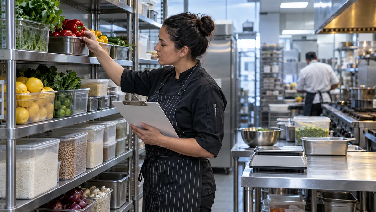 Restaurant inventory par levels set on a dry goods shelf in a working kitchen
