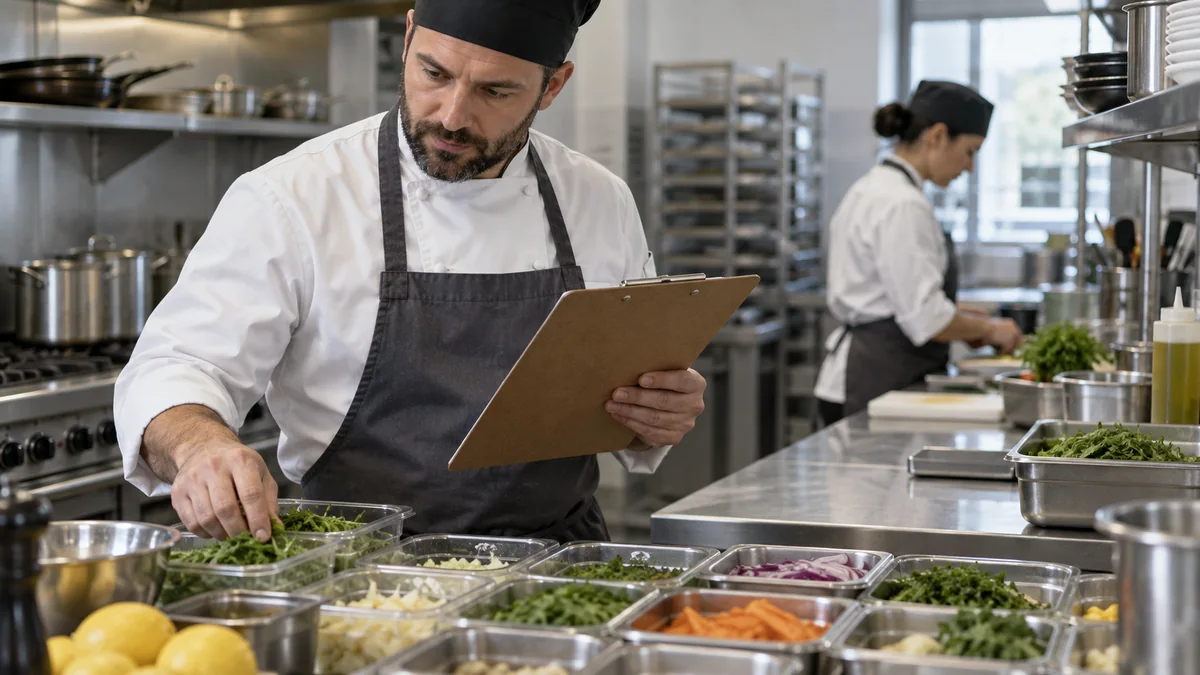 Restaurant prep sheet template laid out on a stainless steel kitchen counter